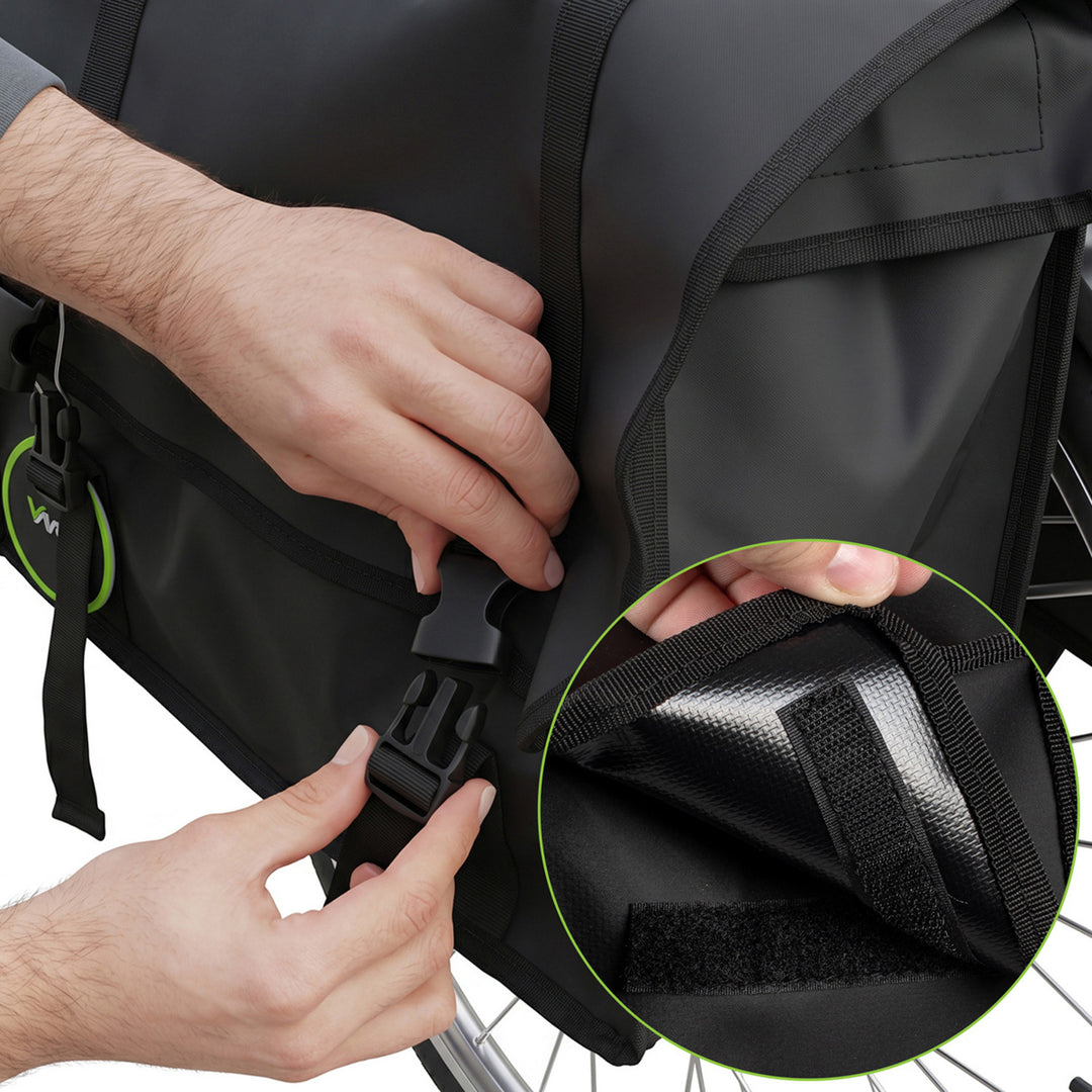 Dvojitá cyklistická taška na nosič z PVC s uchom, čierna, 40 l, VA0446, Vayox
