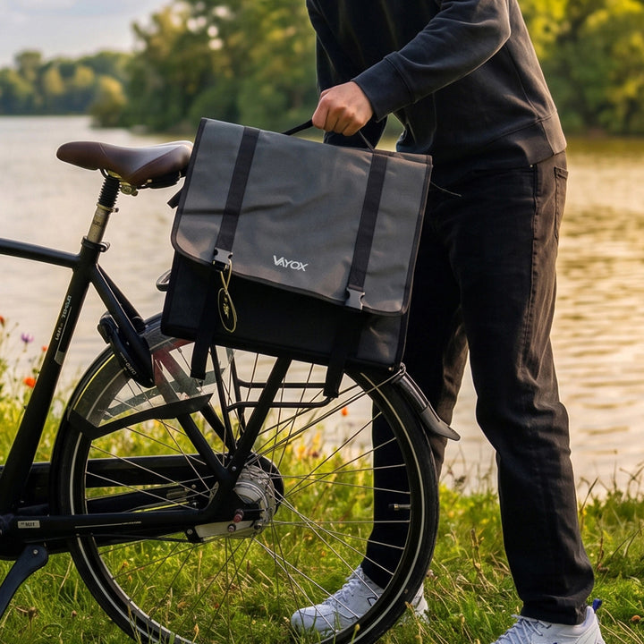Dvojitá cyklistická taška na nosič z PVC s uchom, čierna, 40 l, VA0446, Vayox