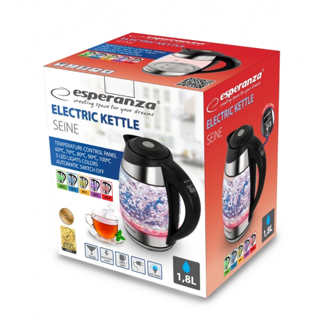 Elektrická rýchlovarná kanvica, sklenená, s LED displejom a termostatom, 1,8 l, Esperanza