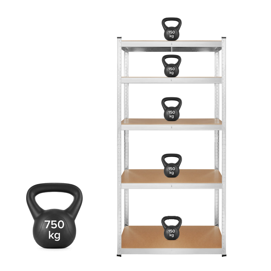 Kovový skladovací regál, 5 políc, maximálne zaťaženie do 750 kg, 180 × 90 × 40, strieborný, Rebel, 2 kusy