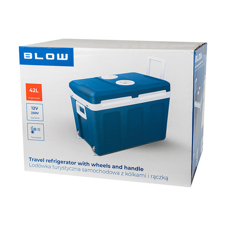 Cestovná chladnička do auta Blow, s kolieskami, objem 42 l, režim ohrevu, napätie DC 12 V a AC 100 V – 240 V, 44–210