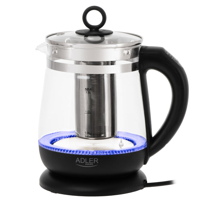 Sklenená rýchlovarná kanvica s objemom 1,5 l, s infúzorom a reguláciou teploty 2200 W, LED 60–100 °C, Adler AD 1299, čierna