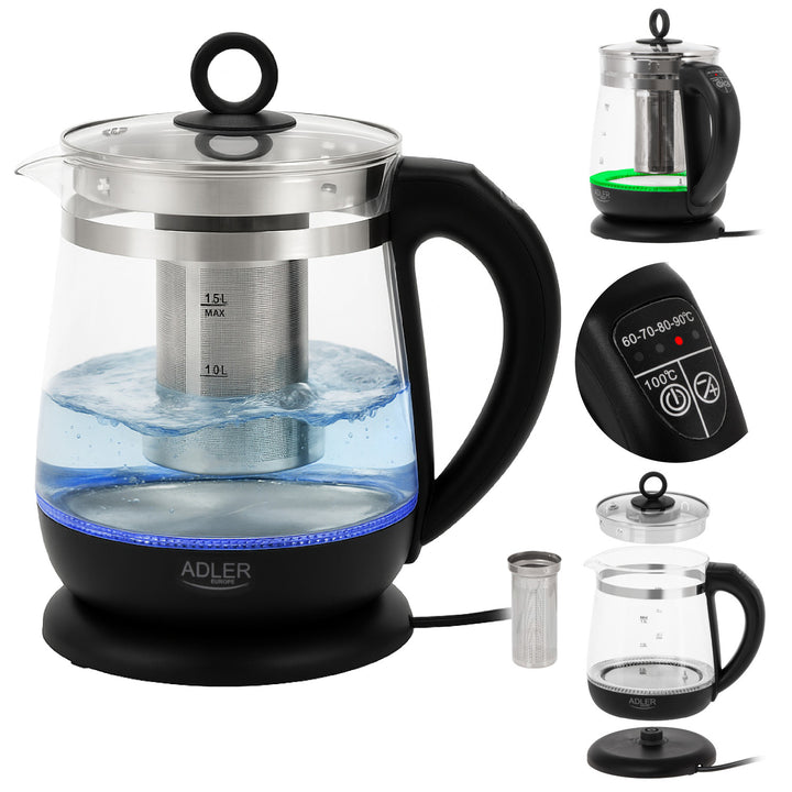 Sklenená rýchlovarná kanvica s objemom 1,5 l, s infúzorom a reguláciou teploty 2200 W, LED 60–100 °C, Adler AD 1299, čierna