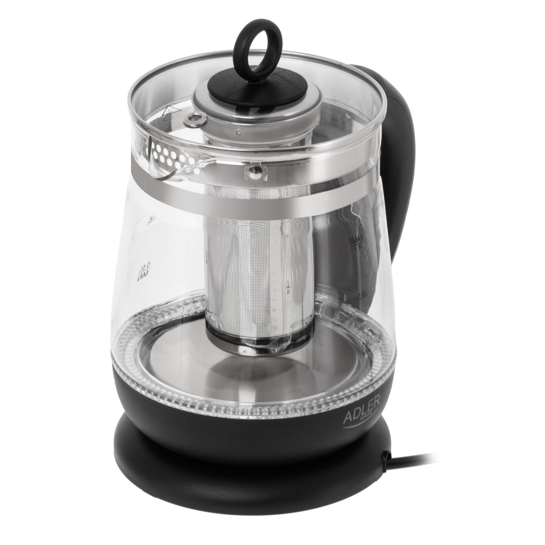 Sklenená rýchlovarná kanvica s objemom 1,5 l, s infúzorom a reguláciou teploty 2200 W, LED 60–100 °C, Adler AD 1299, čierna