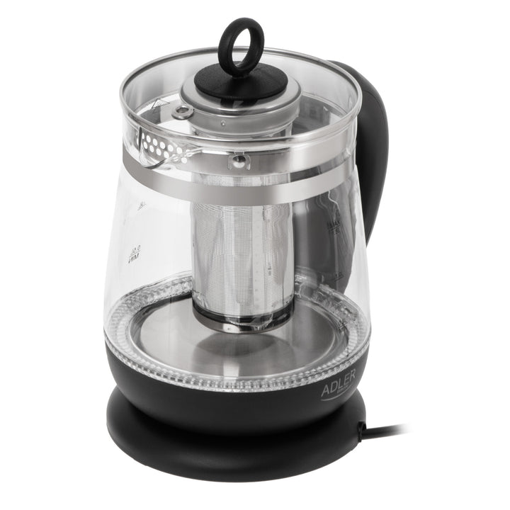 Sklenená rýchlovarná kanvica s objemom 1,5 l, s infúzorom a reguláciou teploty 2200 W, LED 60–100 °C, Adler AD 1299, čierna