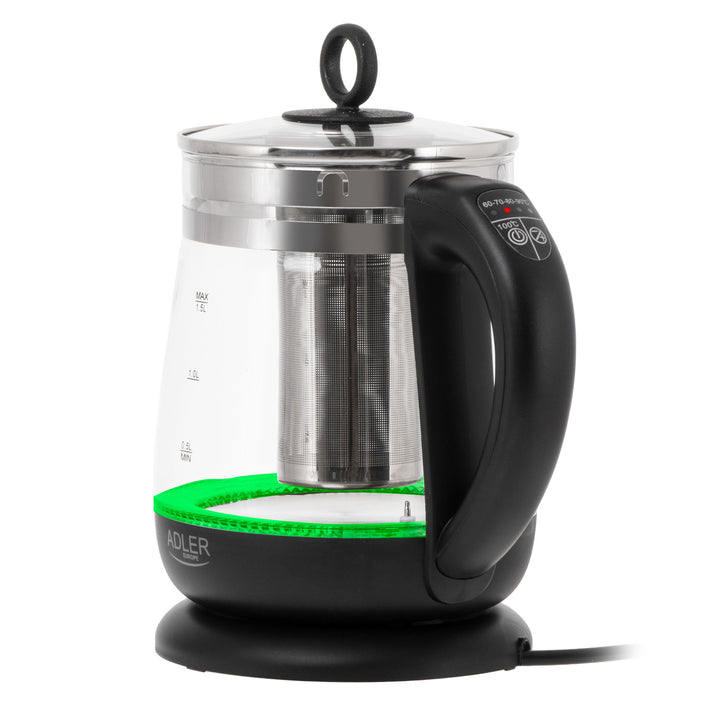 Sklenená rýchlovarná kanvica s objemom 1,5 l, s infúzorom a reguláciou teploty 2200 W, LED 60–100 °C, Adler AD 1299, čierna