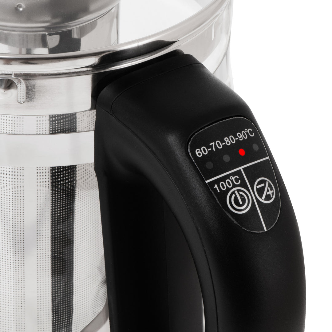Sklenená rýchlovarná kanvica s objemom 1,5 l, s infúzorom a reguláciou teploty 2200 W, LED 60–100 °C, Adler AD 1299, čierna