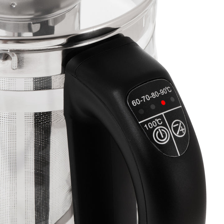 Sklenená rýchlovarná kanvica s objemom 1,5 l, s infúzorom a reguláciou teploty 2200 W, LED 60–100 °C, Adler AD 1299, čierna