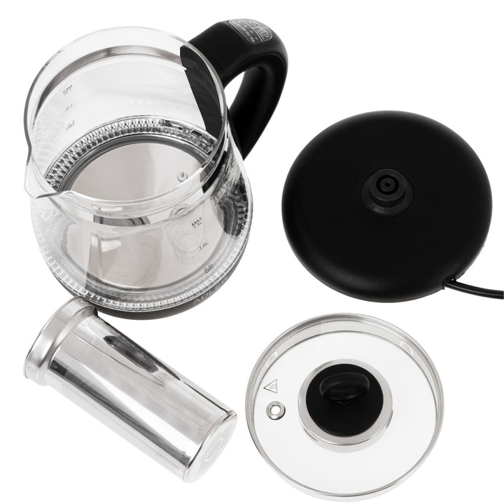 Sklenená rýchlovarná kanvica s objemom 1,5 l, s infúzorom a reguláciou teploty 2200 W, LED 60–100 °C, Adler AD 1299, čierna