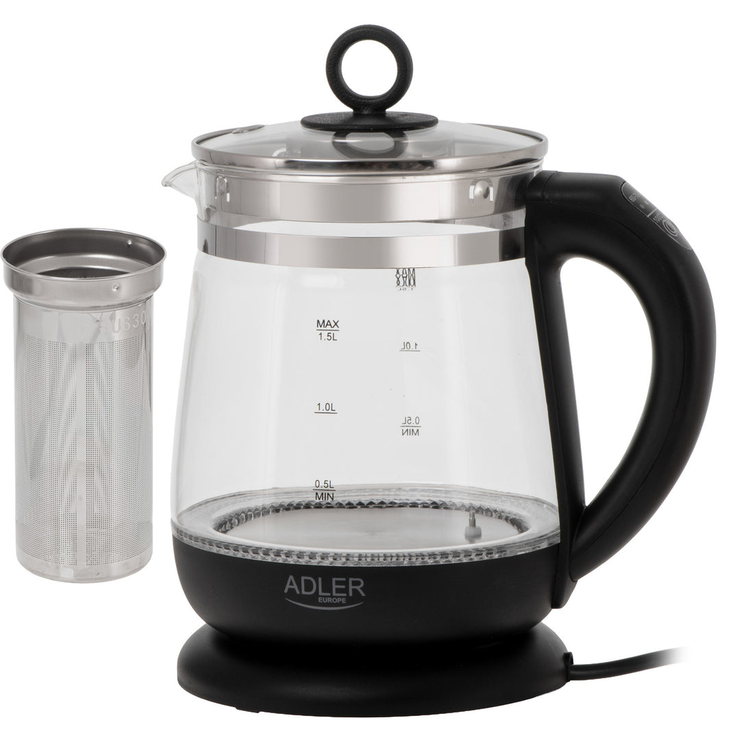 Sklenená rýchlovarná kanvica s objemom 1,5 l, s infúzorom a reguláciou teploty 2200 W, LED 60–100 °C, Adler AD 1299, čierna