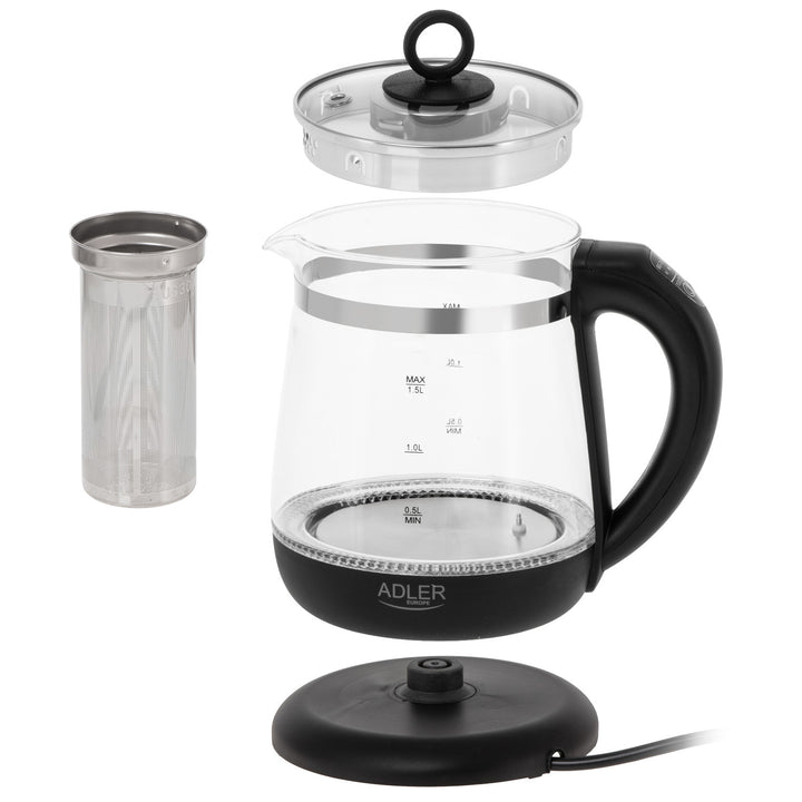 Sklenená rýchlovarná kanvica s objemom 1,5 l, s infúzorom a reguláciou teploty 2200 W, LED 60–100 °C, Adler AD 1299, čierna