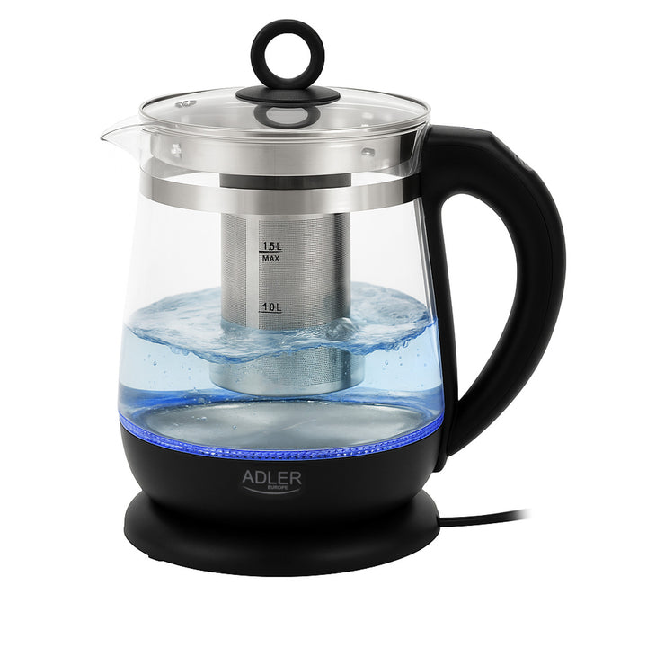 Sklenená rýchlovarná kanvica s objemom 1,5 l, s infúzorom a reguláciou teploty 2200 W, LED 60–100 °C, Adler AD 1299, čierna
