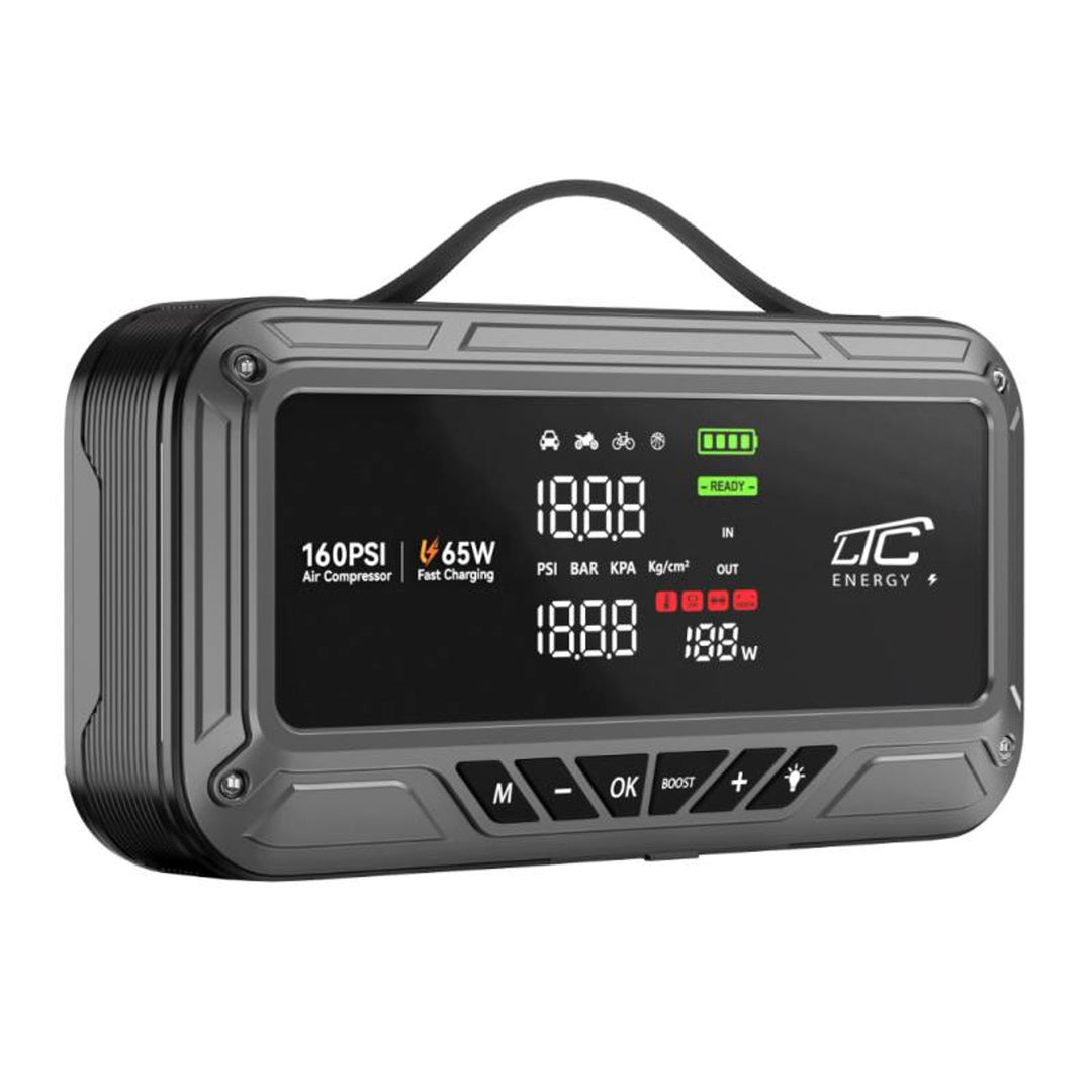 Štartér LTC, 12 000 mAh, s kompresorom, baterkou a powerbankou, LCD displej, výkon 65 W, káble a puzdro v balení, LXJS120