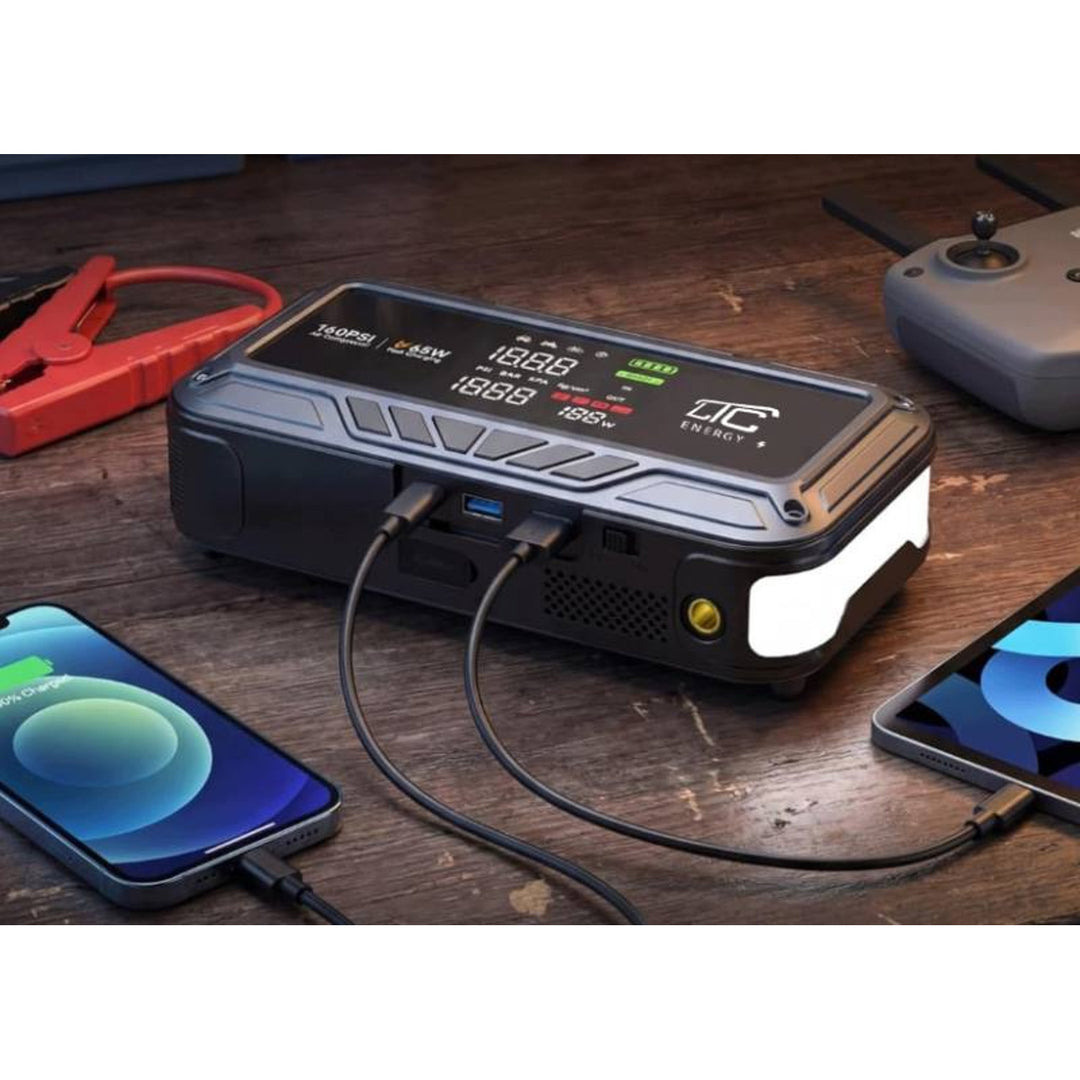 Štartér LTC, 12 000 mAh, s kompresorom, baterkou a powerbankou, LCD displej, výkon 65 W, káble a puzdro v balení, LXJS120