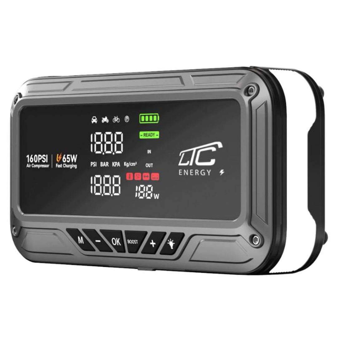 Štartér LTC, 12 000 mAh, s kompresorom, baterkou a powerbankou, LCD displej, výkon 65 W, káble a puzdro v balení, LXJS120