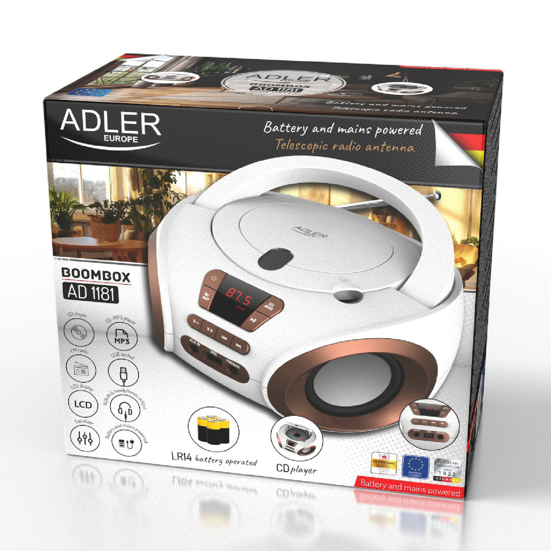 Rádio Boombox CD-MP3, USB, FM rádio, AUX, konektor pre slúchadlá, Adler, AD 1181