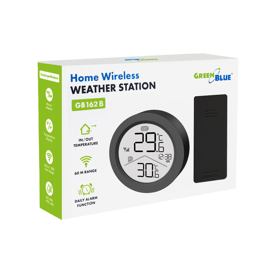 Bezdrôtová meteorologická stanica GreenBlue, teplota vnútri/vonku, hodiny, možnosť výberu °C / °F, dosah až 60 m, čierna, GB162 B + 4 ks alkalické batérie AAA Varta Industrial