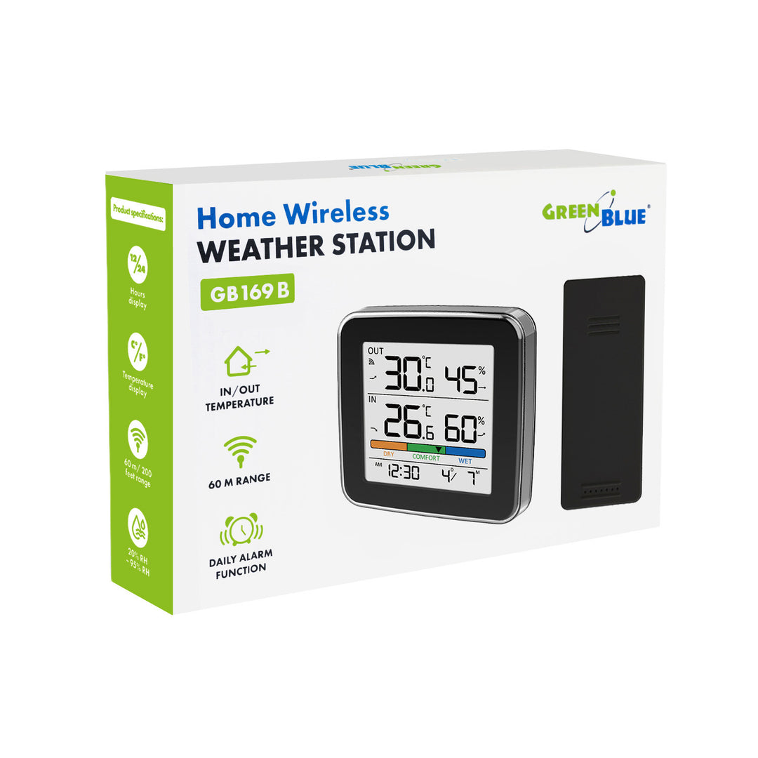 Bezdrôtová meteorologická stanica GreenBlue, teplota a vlhkosť (vnútri/vonku), hodiny, budík a dátum, °C / °F, dosah až 60 m, čierna, GB169 B + 4 ks alkalických batérií AAA Varta Industrial