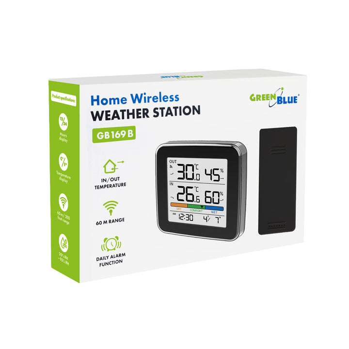Bezdrôtová meteorologická stanica GreenBlue, teplota a vlhkosť (vnútri/vonku), hodiny, budík a dátum, °C / °F, dosah až 60 m, čierna, GB169 B + 4 ks alkalických batérií AAA Varta Industrial
