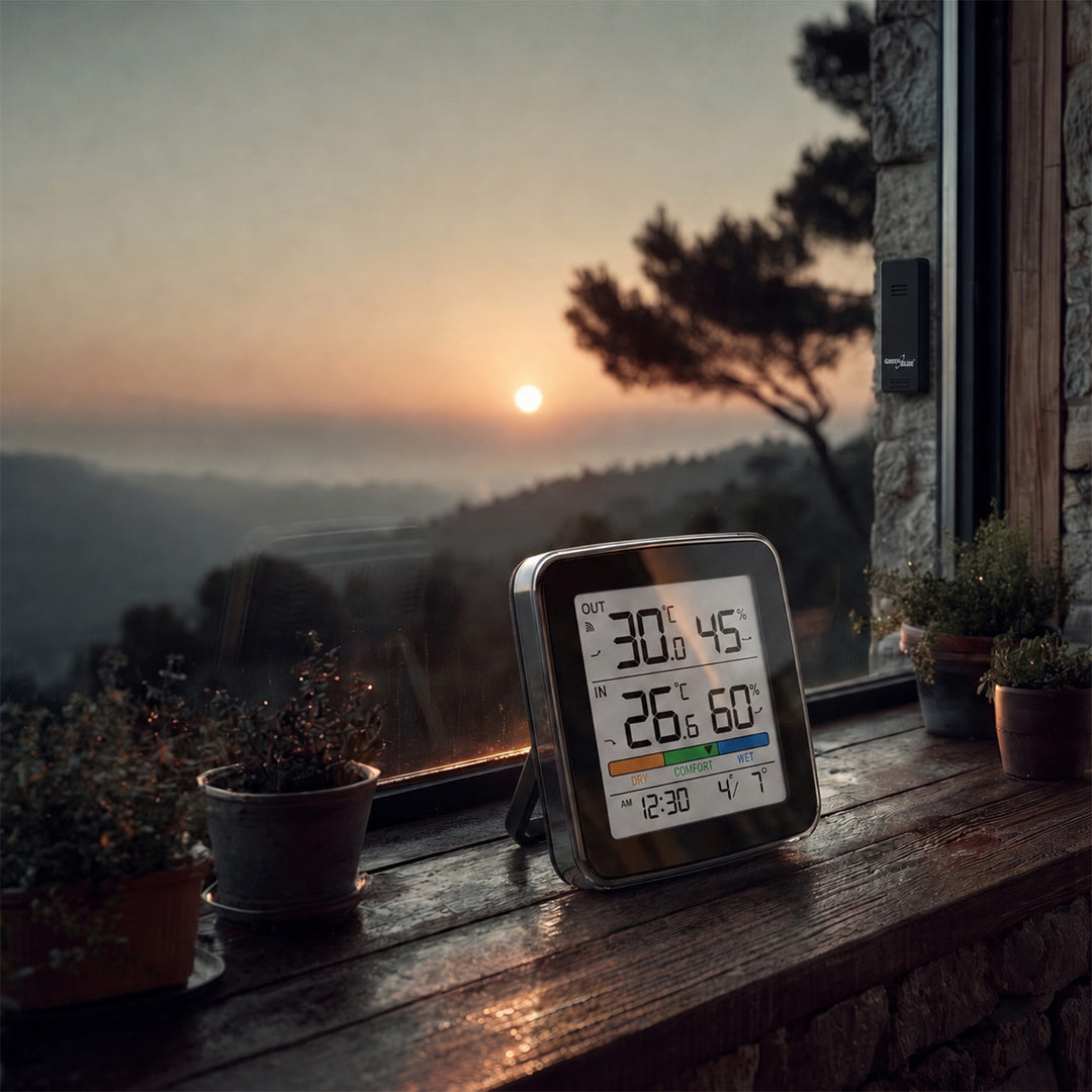 Bezdrôtová meteorologická stanica GreenBlue, teplota a vlhkosť (vnútri/vonku), hodiny, budík a dátum, °C / °F, dosah až 60 m, čierna, GB169 B + 4 ks alkalických batérií AAA Varta Industrial