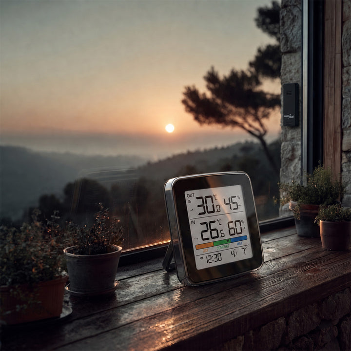 Bezdrôtová meteorologická stanica GreenBlue, teplota a vlhkosť (vnútri/vonku), hodiny, budík a dátum, °C / °F, dosah až 60 m, čierna, GB169 B + 4 ks alkalických batérií AAA Varta Industrial