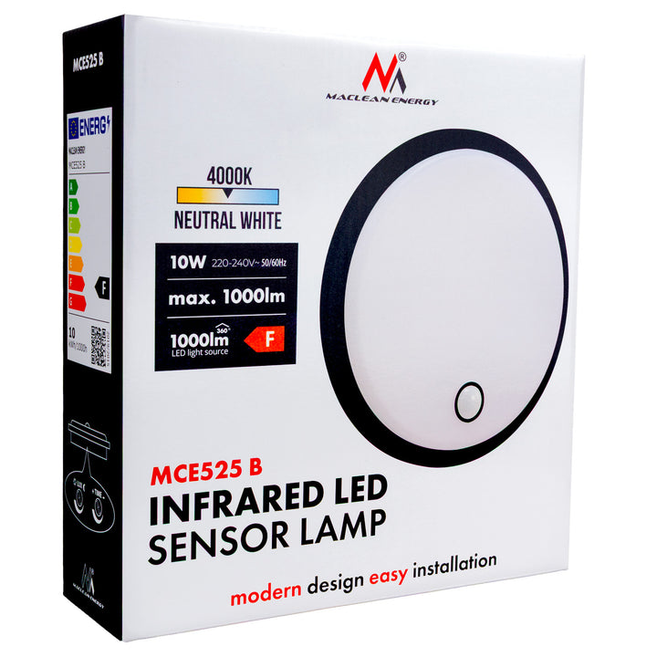 LED svietidlo s pohybovým senzorom Maclean, senzor PIR, čierna farba, 10 W, IP65, 1000 lm, neutrálna farba svetla, MCE525 B, 2 ks