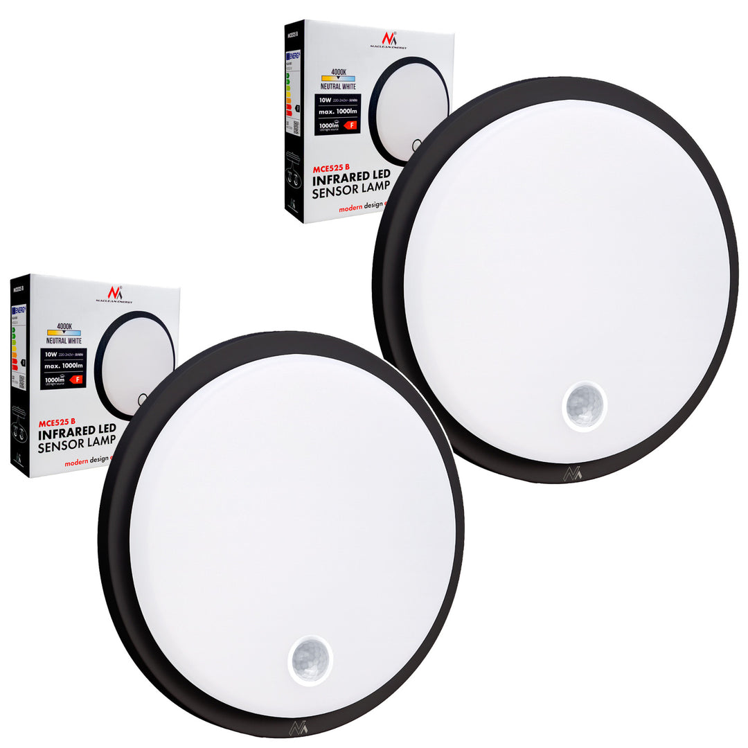 LED svietidlo s pohybovým senzorom Maclean, senzor PIR, čierna farba, 10 W, IP65, 1000 lm, neutrálna farba svetla, MCE525 B, 2 ks