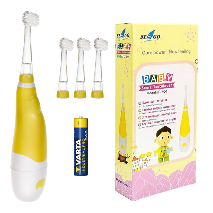 Detská sonická zubná kefka SEAGO, žltá, 4 hlavice, SG-902 Yellow + alkalická batéria AAA Varta Industrial