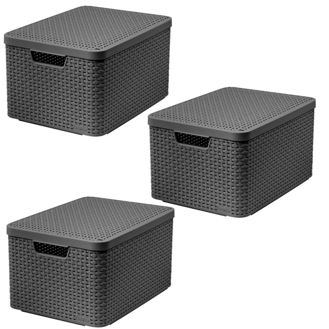 Košík Curver, univerzálny, s vekom, sivý, Rattan Style L, 3 kusy