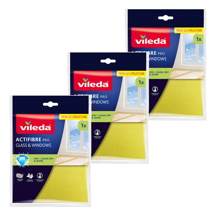 Utierka Vileda Actifibre Pro na sklo a okná, vhodná do práčky, s PVA povlakom, bez šmúh a škvŕn, čistí len vodou, 183298, 3 kusy