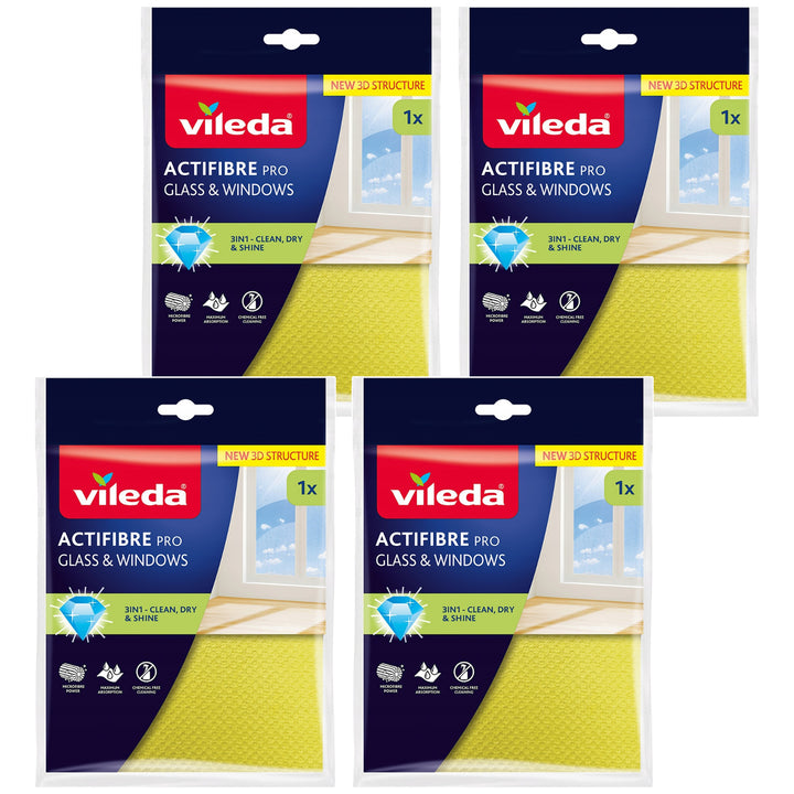 Utierka Vileda Actifibre Pro na sklo a okná, možno prať v práčke, povrchová úprava PVA, bez šmúh a škvŕn, čistí len vodou, 183298, 4 kusy