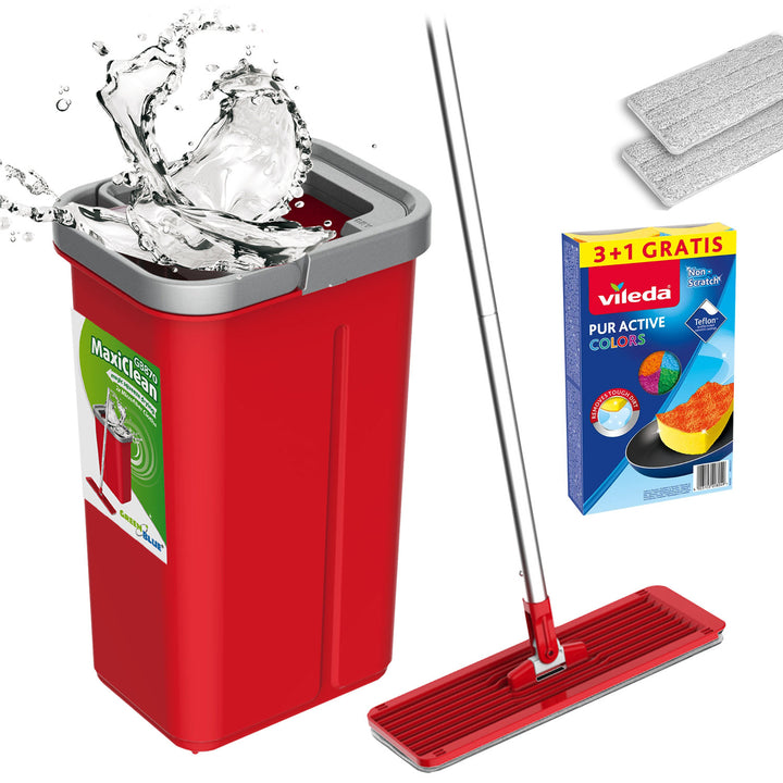 Plochý mop s vedrom a žmýkačom GreenBlue, dve náplne z mikrovlákna HQ, objem 5,7 l, MaxiClean GB870 + 4 čistiace utierky Vileda Pur Active Colors