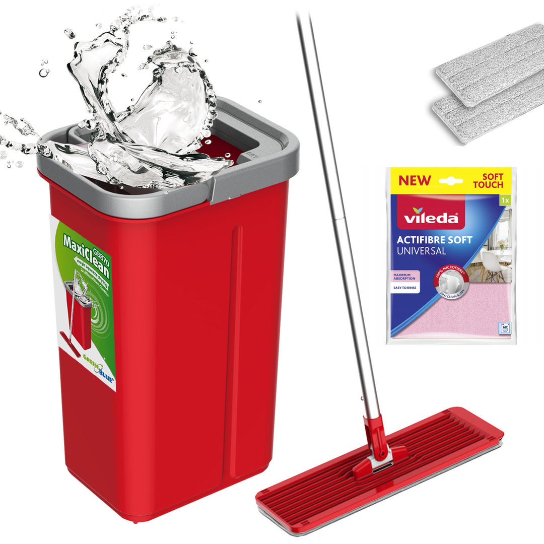Plochý mop s vedrom a žmýkačom GreenBlue, dve náplne z mikrovlákna HQ, objem 5,7 l, MaxiClean GB870 + utierka Vileda Actifibre Soft