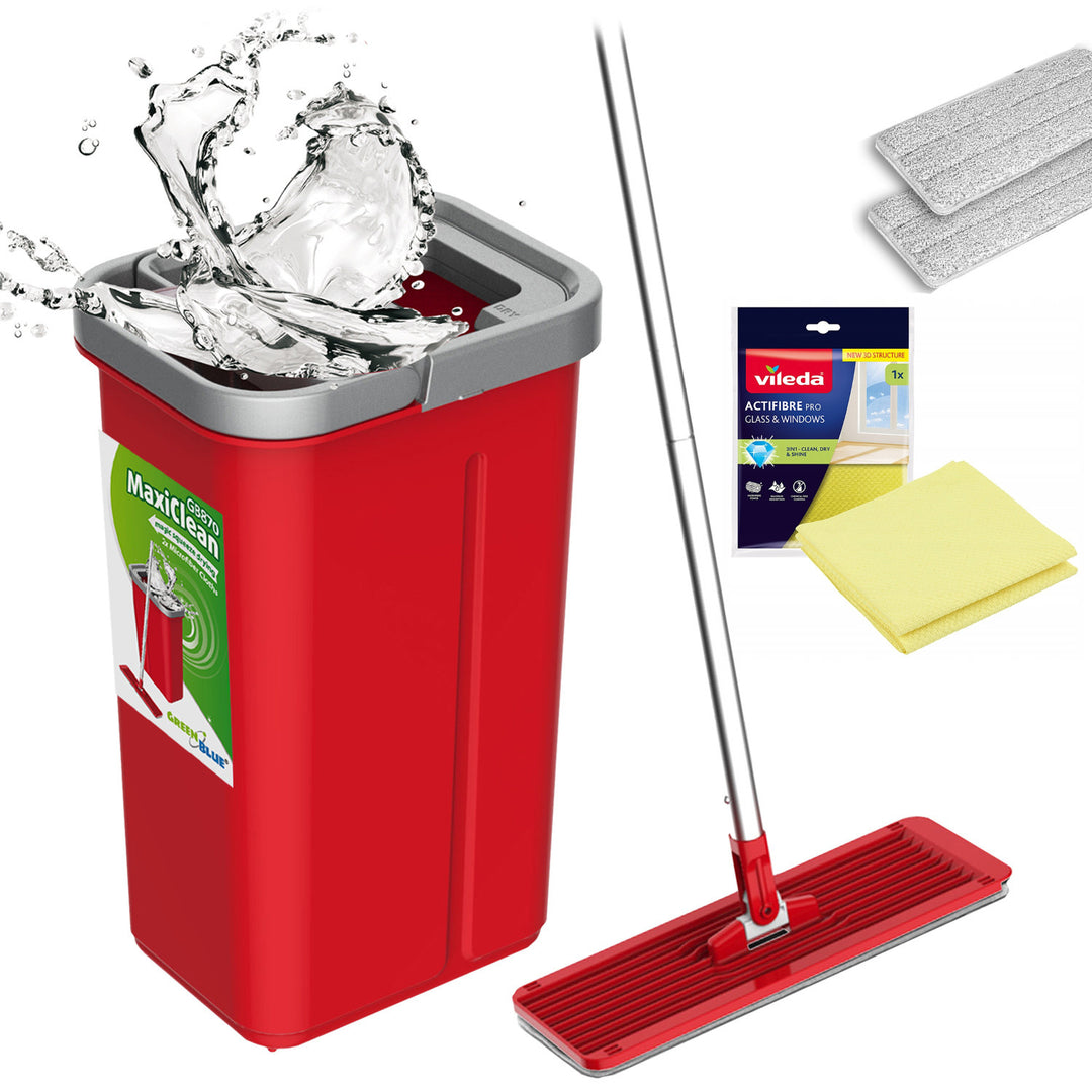 Plochý mop s vedrom a žmýkačom GreenBlue, dve náplne z mikrovlákna HQ, objem 5,7 l, MaxiClean GB870 + utierka Vileda Actifibre Pro