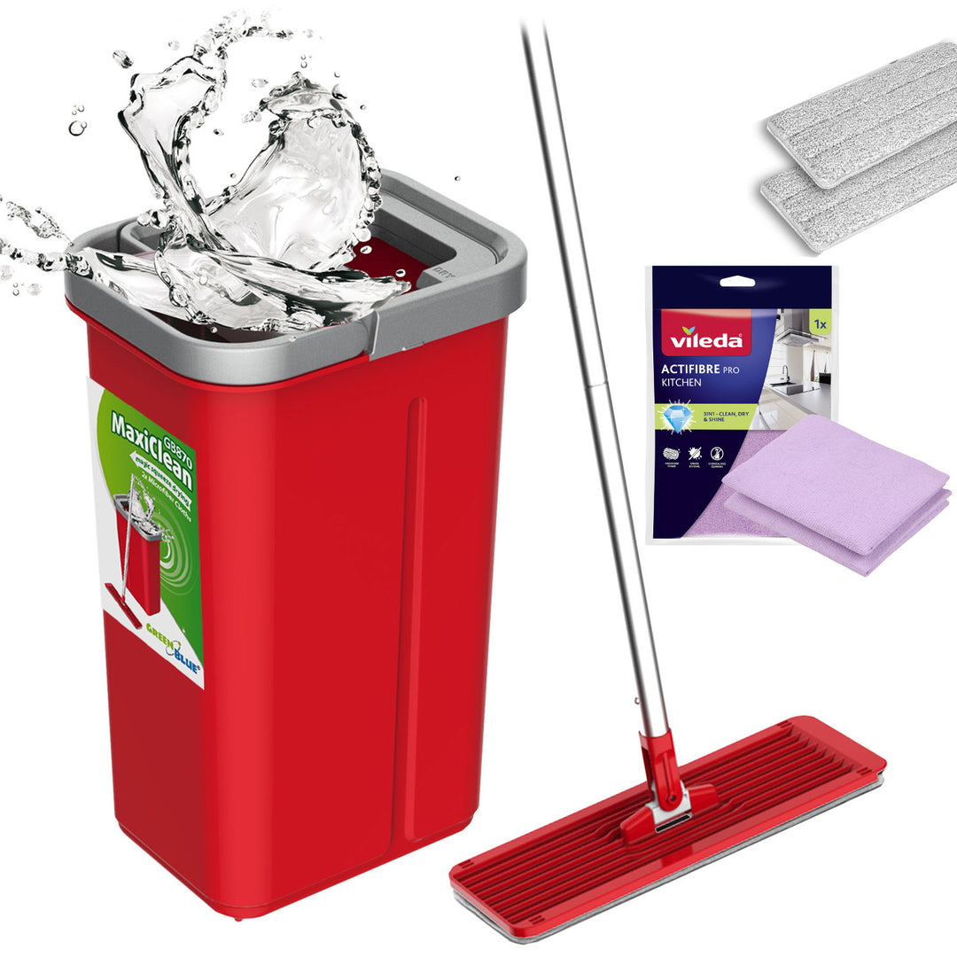 Plochý mop s vedrom a žmýkačom GreenBlue, dve náplne z mikrovlákna HQ, objem 5,7 l, MaxiClean GB870 + utierka Vileda Actifibre Pro