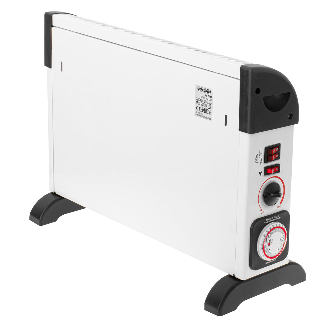Konvekčný elektrický radiátor, termostat, 2000 W, 24-hodinový časovač, biely, kábel 150 cm, Mesko, MS 7741W