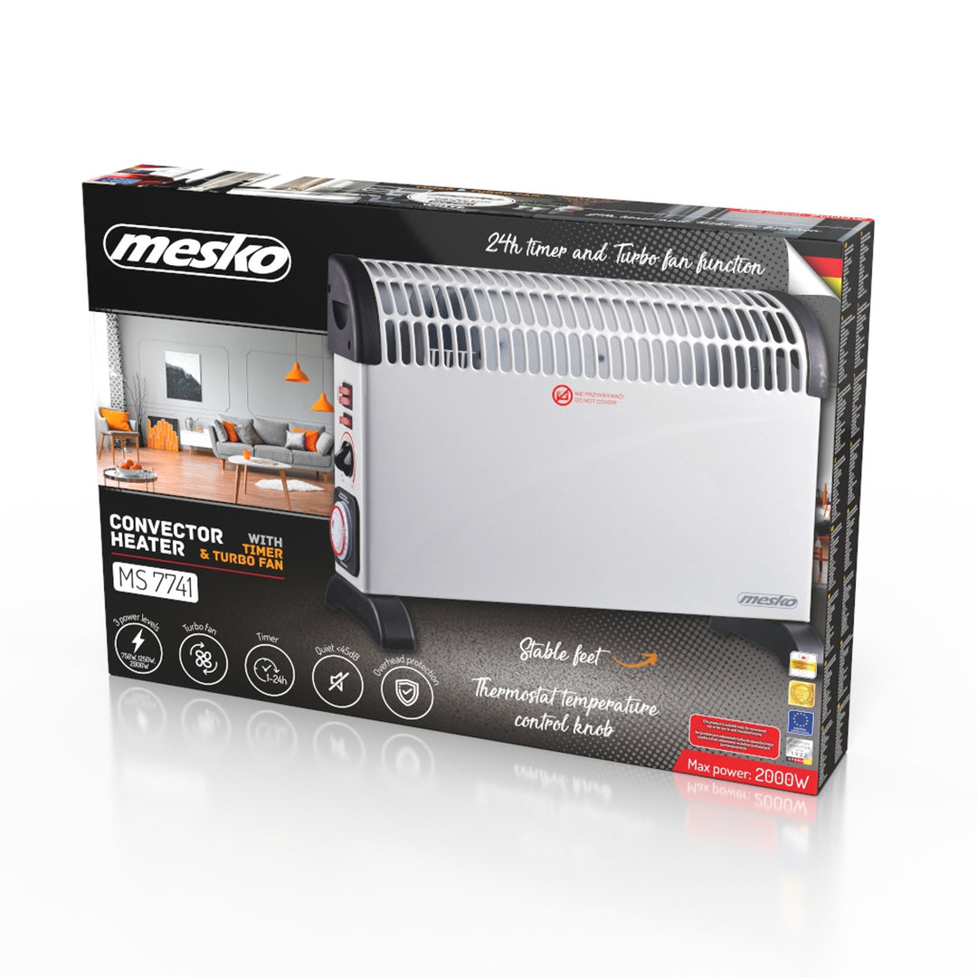 Konvekčný elektrický radiátor, termostat, 2000 W, 24-hodinový časovač, biely, kábel 150 cm, Mesko, MS 7741W