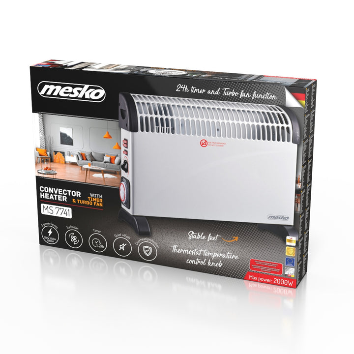 Konvekčný elektrický radiátor, termostat, 2000 W, 24-hodinový časovač, biely, kábel 150 cm, Mesko, MS 7741W