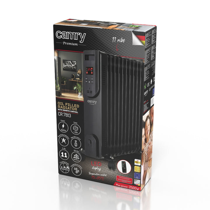 Olejový radiátor, 11 rebier, 2500 W, diaľkové ovládanie, LED displej, termostat, Camry CR 7813