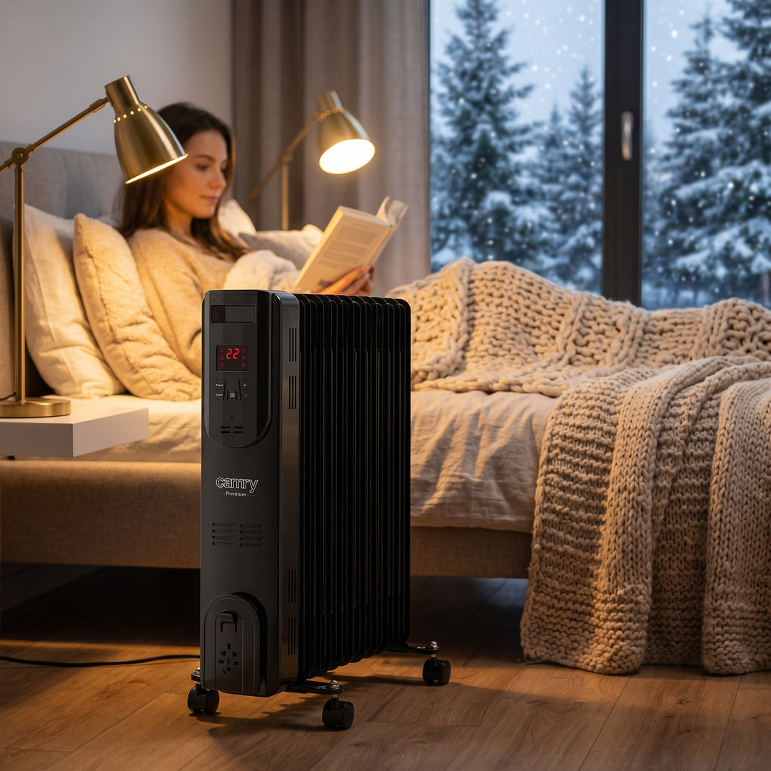 Olejový radiátor, 11 rebier, 2500 W, diaľkové ovládanie, LED displej, termostat, Camry CR 7813