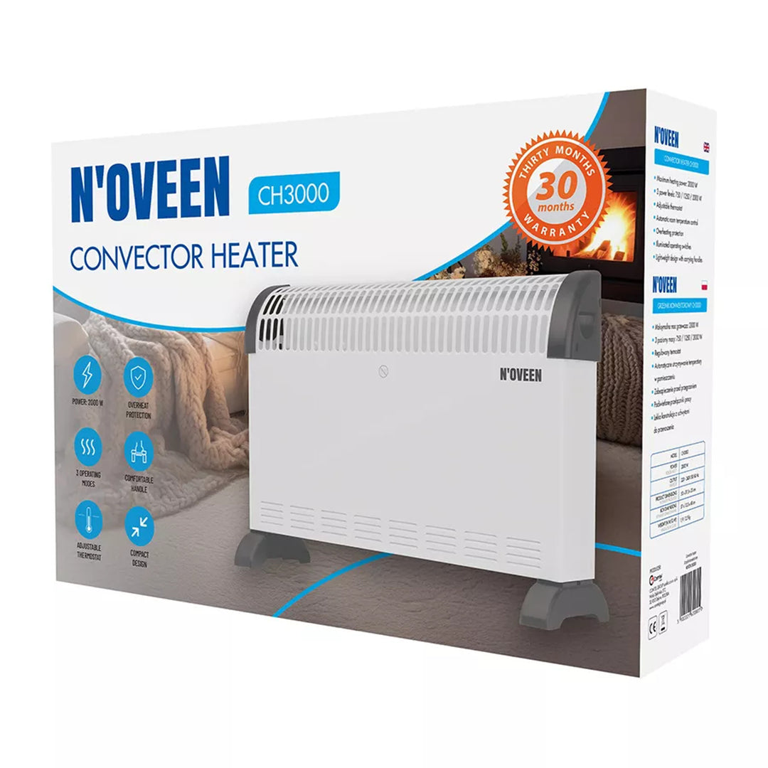 Konvekčný elektrický radiátor, 2000 W, termostat, biely, Noveen