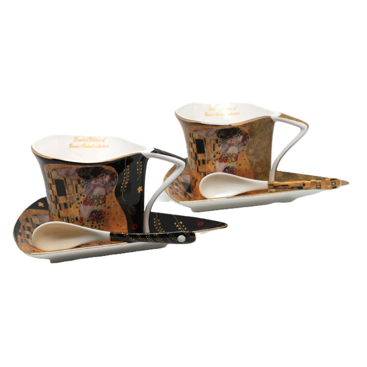 Porcelánové šálky Klimt – Bozk, 2 ks po 180 ml s lyžičkami, Queen Isabell