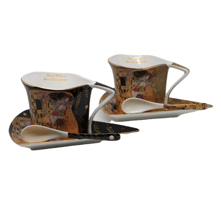 Porcelánové šálky Klimt – Bozk, 2 ks po 180 ml s lyžičkami, Queen Isabell