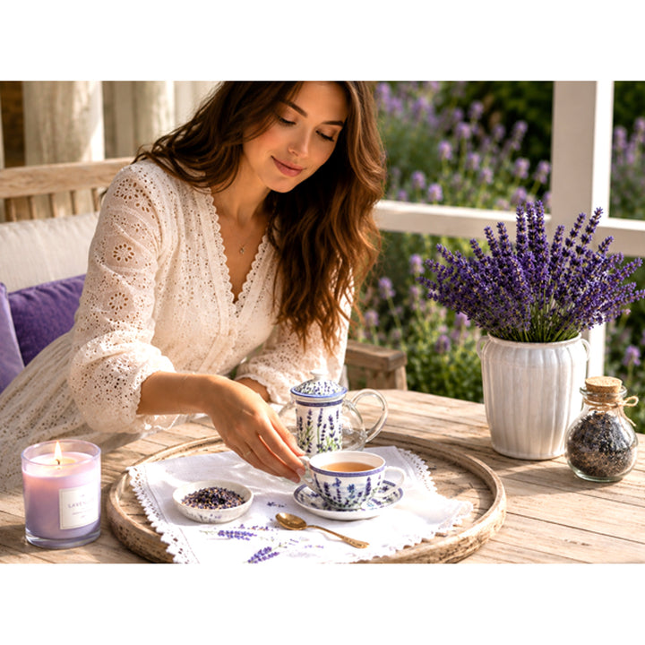 Čajová súprava „Levanduľa“, šálka a kanvica (tea for one) Queen Isabell