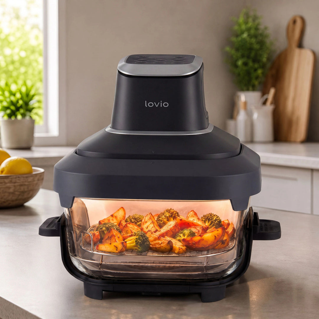 Beztuková fritéza air fryer LOVIO PureFry Ultra Crisp LVAF003BK 4 l + 1,5 l, 1550 W, čierna, so sklenenými nádobami