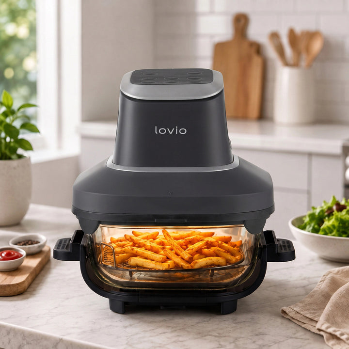 Beztuková fritéza air fryer LOVIO PureFry Ultra Crisp LVAF003BK 4 l + 1,5 l, 1550 W, čierna, so sklenenými nádobami