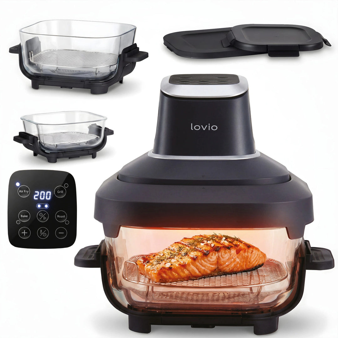 Beztuková fritéza air fryer LOVIO PureFry Ultra Crisp LVAF003BK 4 l + 1,5 l, 1550 W, čierna, so sklenenými nádobami