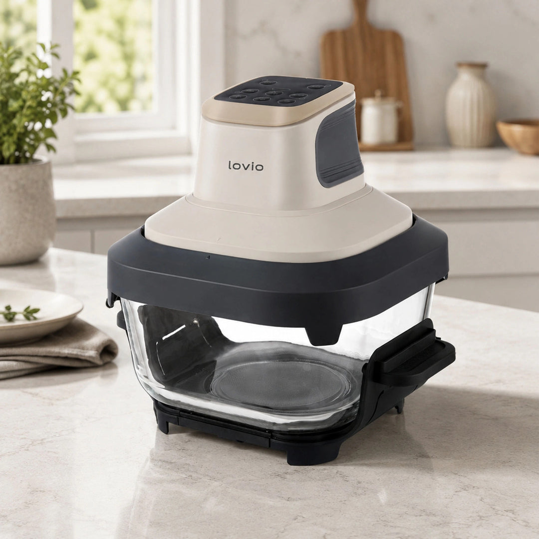 Beztuková fritéza air fryer LOVIO PureFry Ultra Crisp LVAF003BE 4 l + 1,5 l, 1550 W, béžová, sklenené nádoby