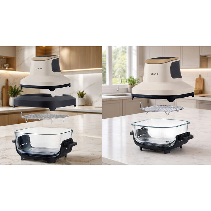 Beztuková fritéza air fryer LOVIO PureFry Ultra Crisp LVAF003BE 4 l + 1,5 l, 1550 W, béžová, sklenené nádoby