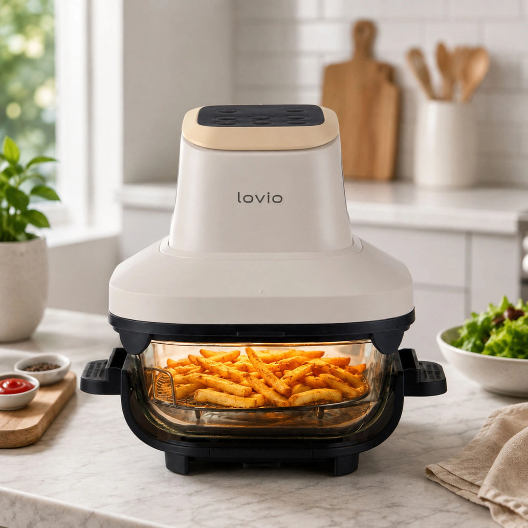 Beztuková fritéza air fryer LOVIO PureFry Ultra Crisp LVAF003BE 4 l + 1,5 l, 1550 W, béžová, sklenené nádoby